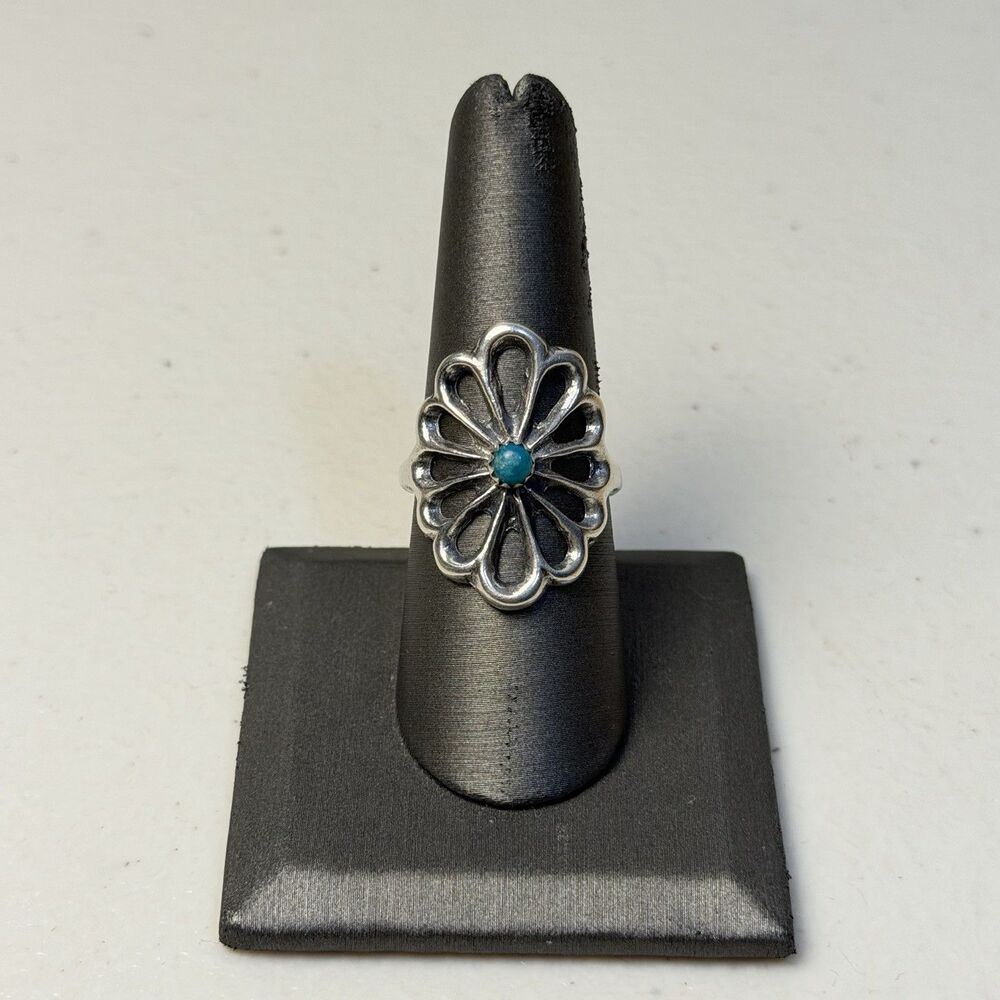 Vintage Sandcast Size 8.25 Sterling Silver Ring With Turquoise Stone